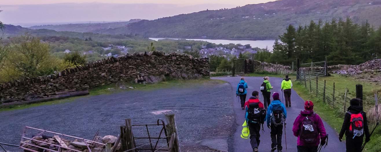 Charity event trekkers at the start of their Snowdon at night challenge.