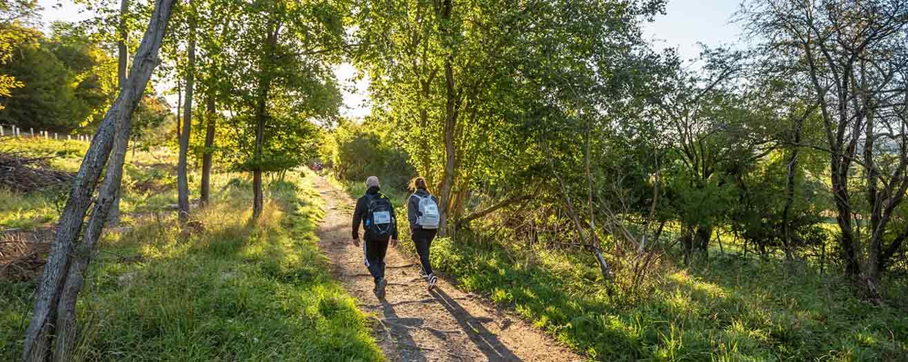 Two people walking through the Chiltern countryside wearing their fundraising numbers on their backs.