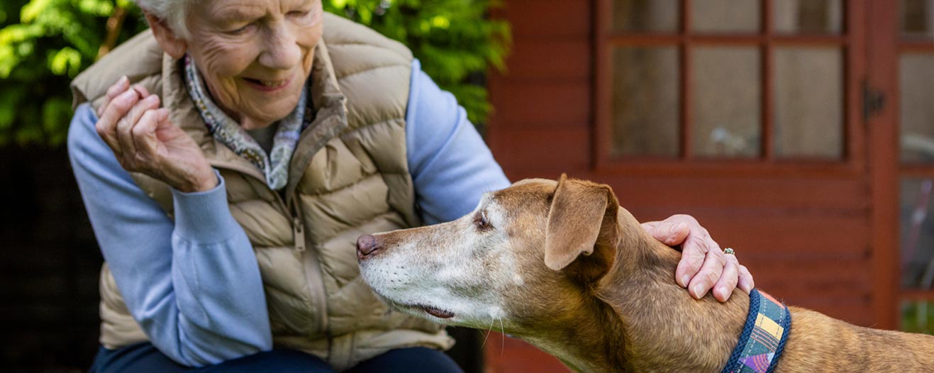 A woman wearing a blue shirt and brown gilet petting her light brown and white dog.