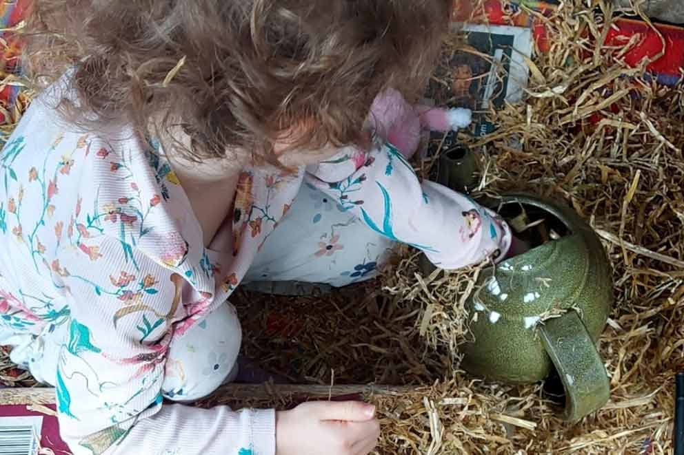 A young girl making her "Bug hotel" from an old teapot filled with straw and leaves.