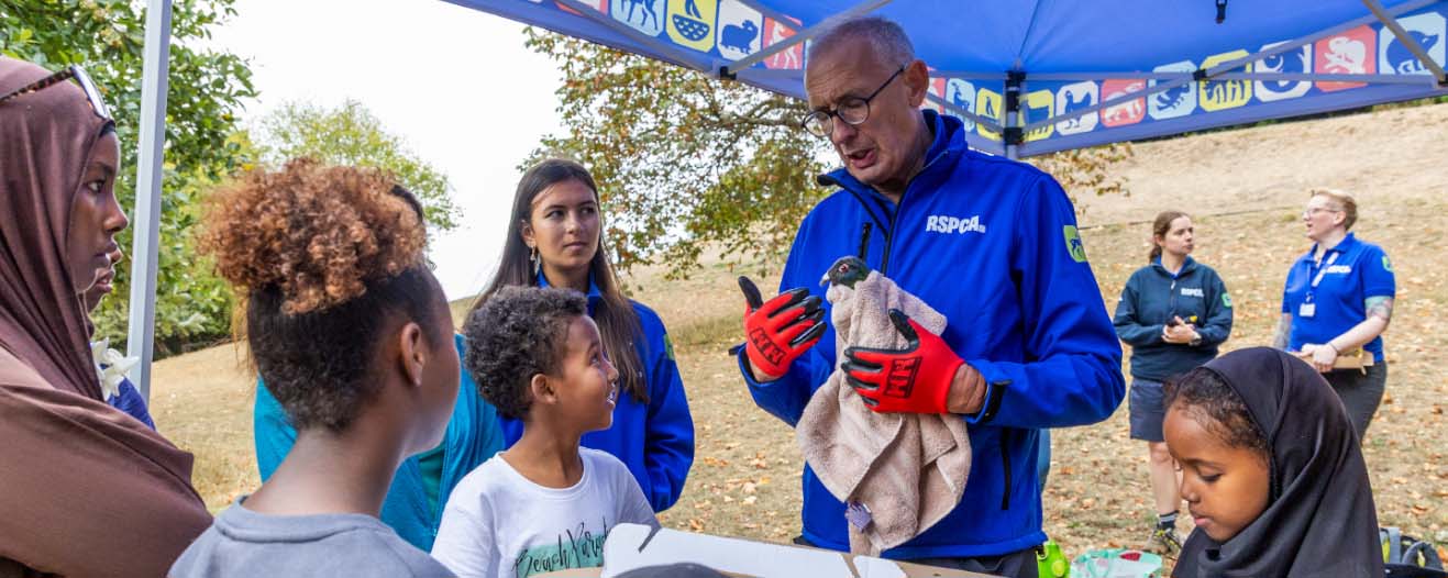 An RSPCA staff member holding a pigeon wrapped in a towel while talking to a group of young people.