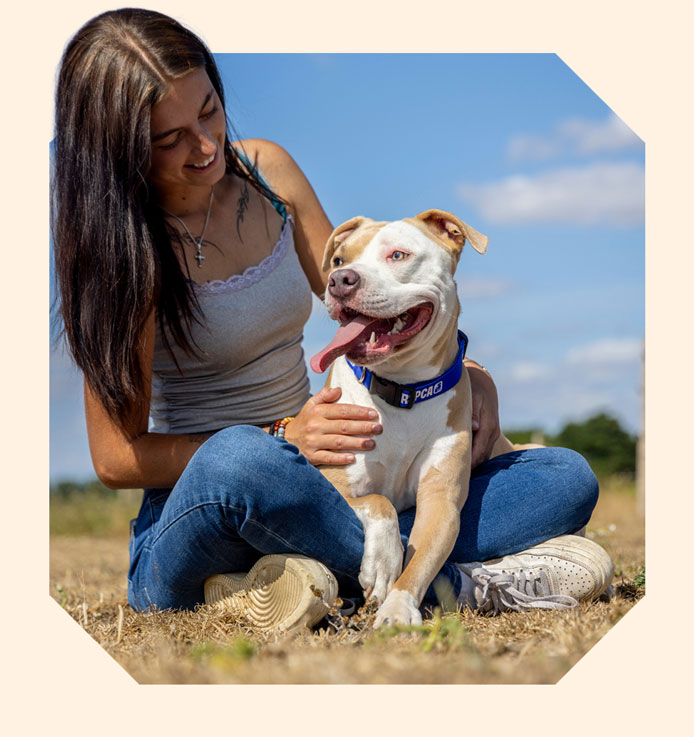 A smiling woman sits outdoors on dry grass, gently holding Nova, a happy tan and white dog.