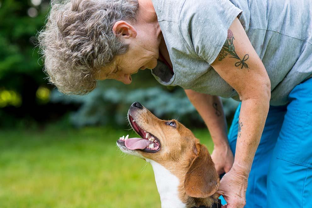 woman looking down at dog