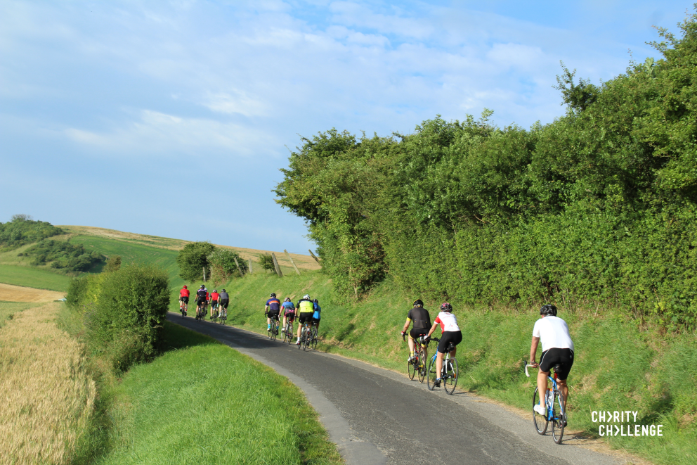 Eleven cyclists in a line riding down a country lane with green trees on their right and a wheat field on the left.