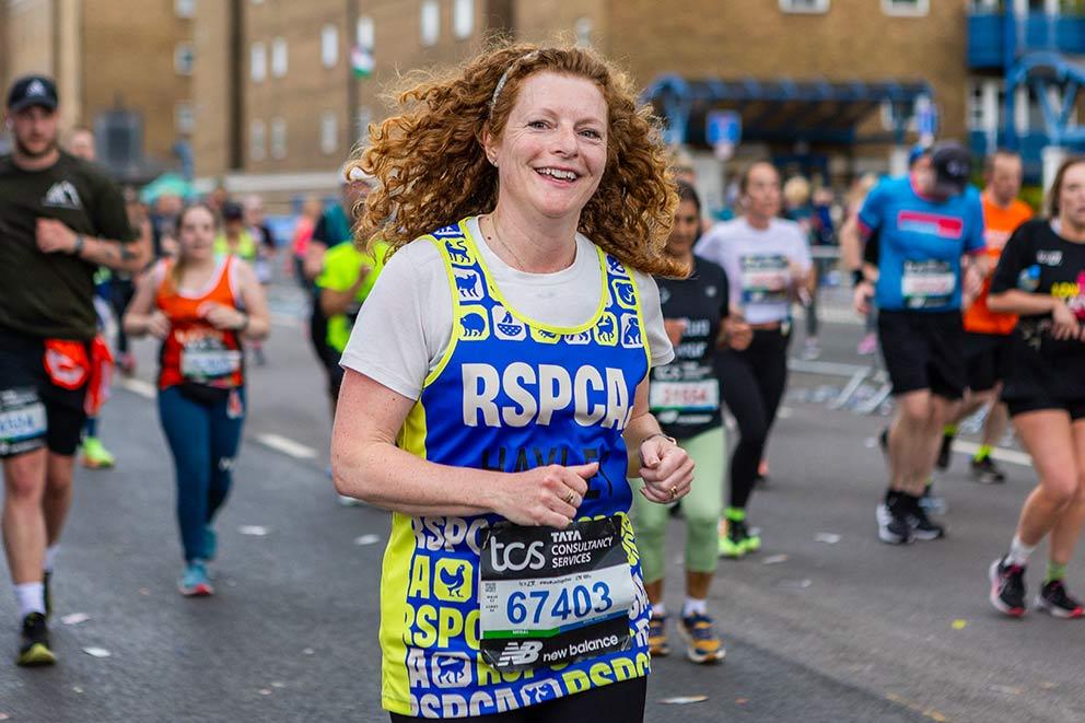 A fundraiser participating in the London Marathon for the RSPCA.